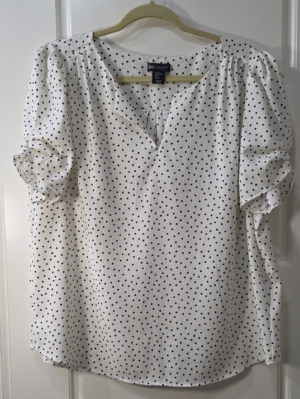 NY Collection White Blouse with Black Polka Dots and Rouche Sleeves - XL